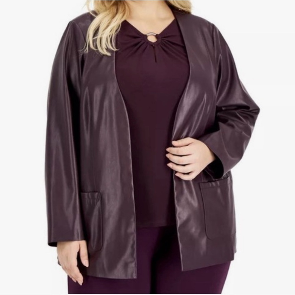 Calvin Klein Faux Leather Lightweight Open Front Jacket Aubergine Size 18W
